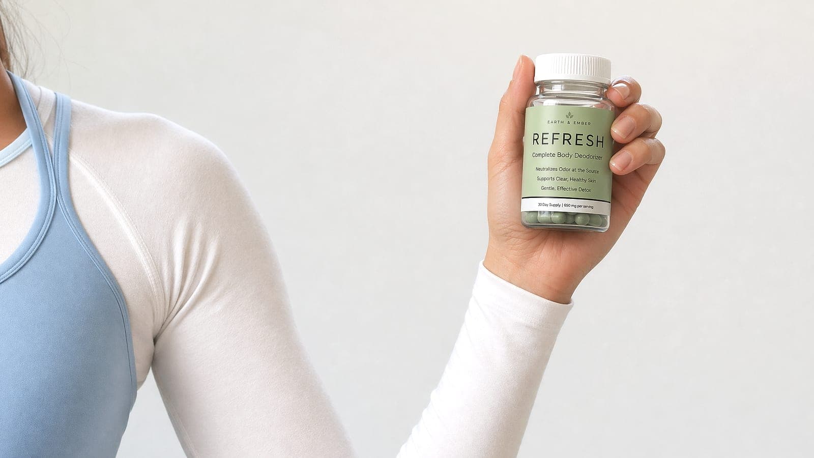 REFRESH bottle held in a clean athletic routine setting with sky-blue brand tones.