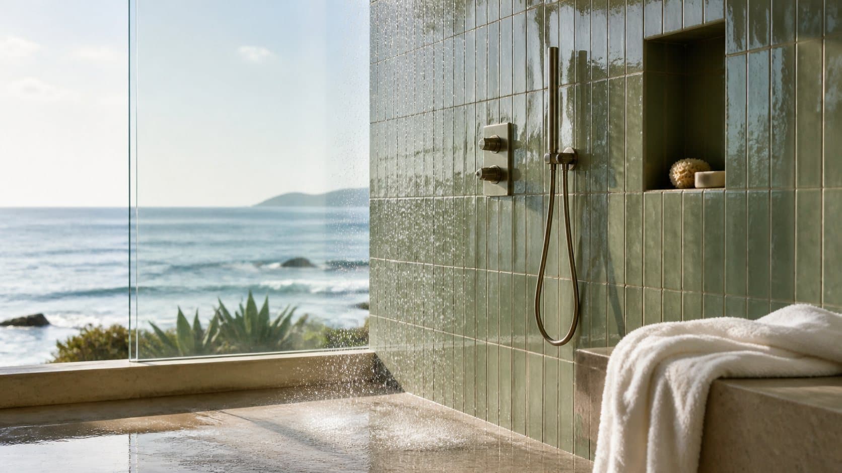 A bright shower and towel scene for daily fabric care.