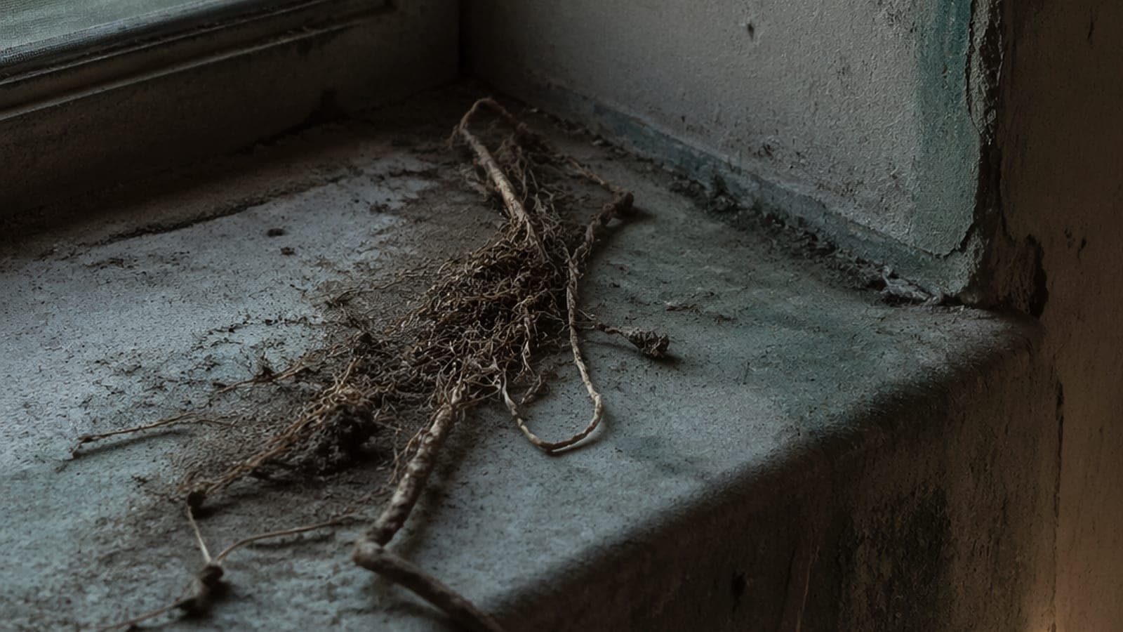 Roots, soil, and mineral residue on a windowsill, photographed as forest-floor matter.