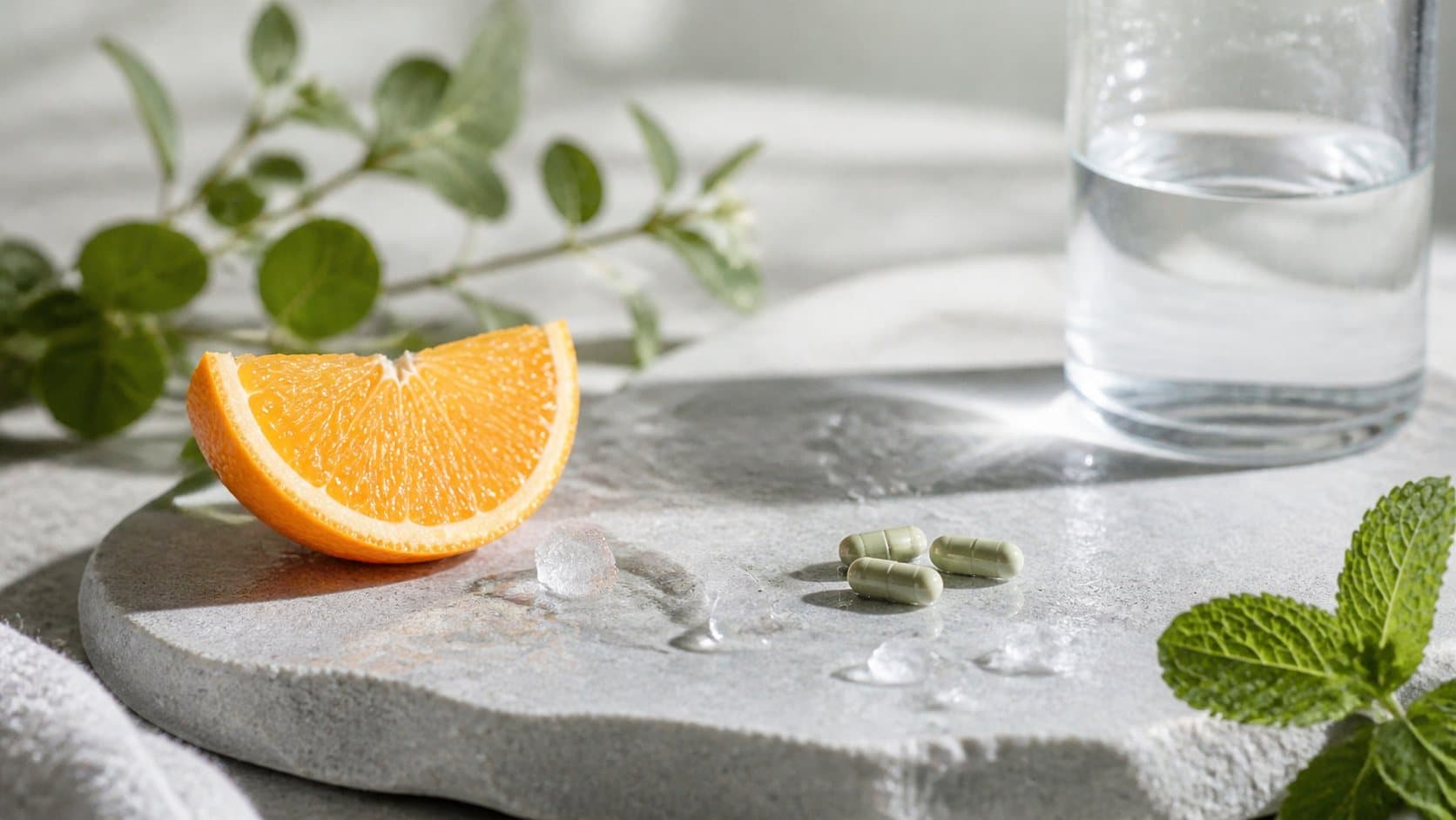 Capsules, water, mint, and citrus on a clean mineral surface.