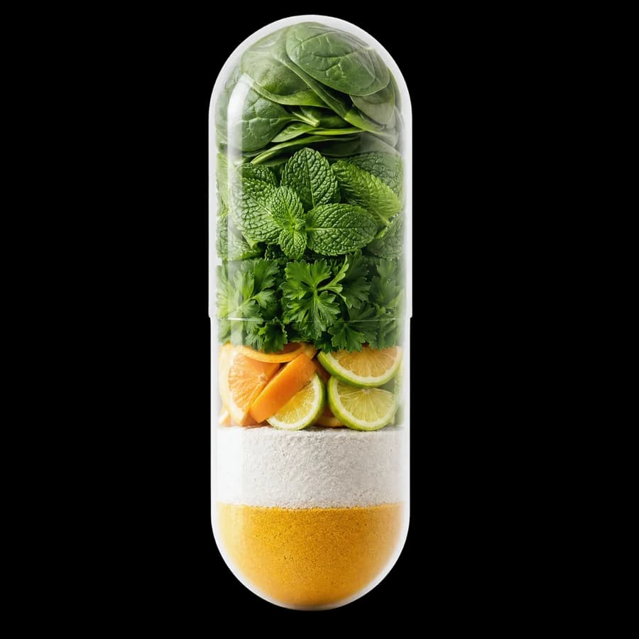 REFRESH capsule revealing parsley, mint, spinach, citrus, and powder layers