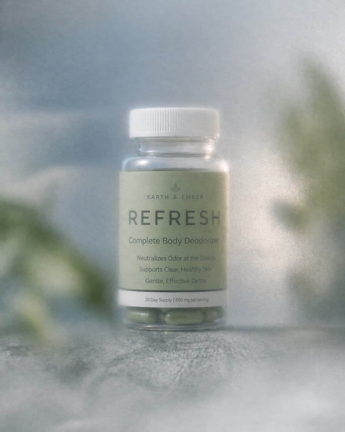 REFRESH bottle behind soft mineral glass in coastal light.
