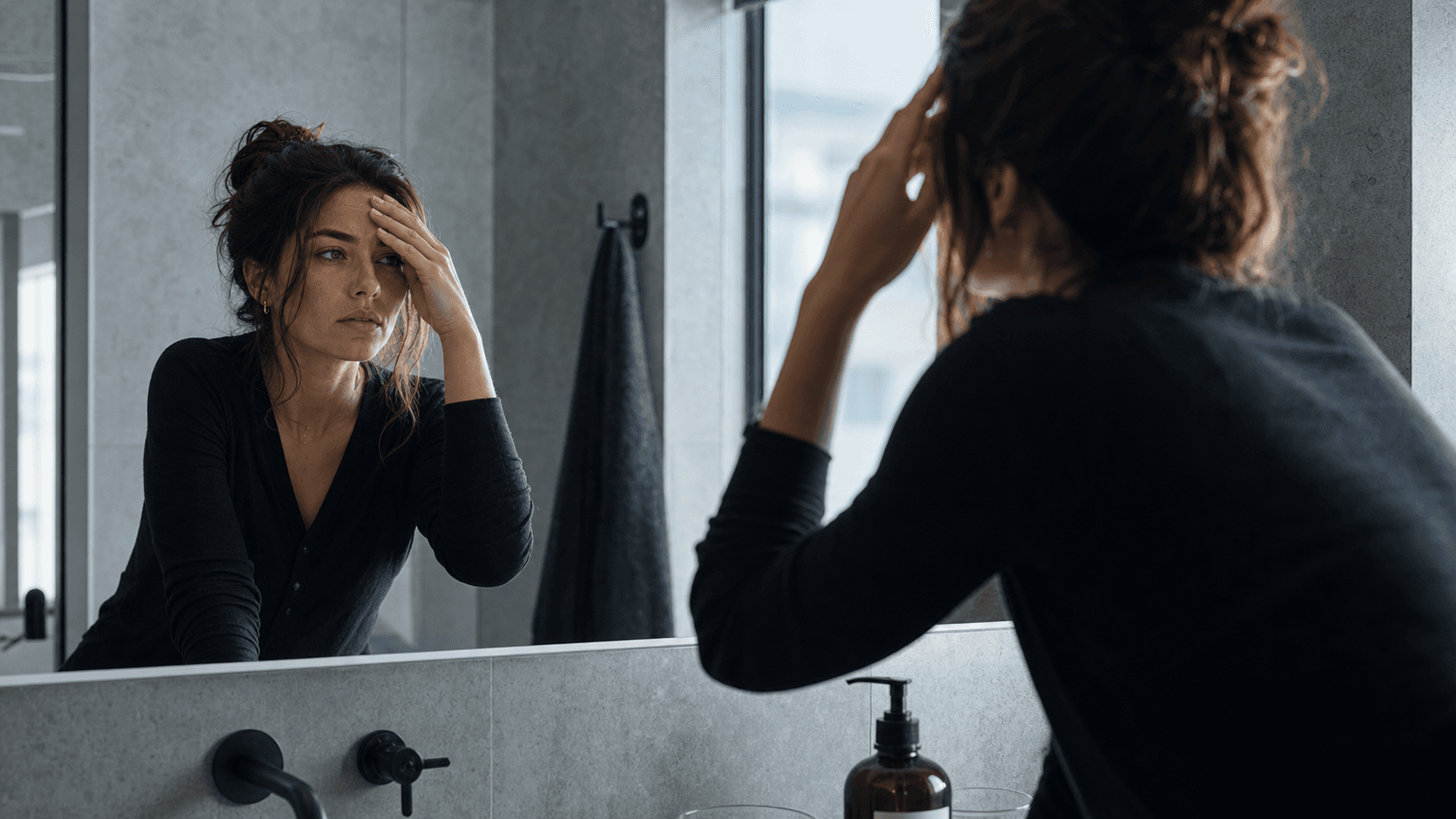 A private mirror moment where breath worry turns into attention tax before the day starts.