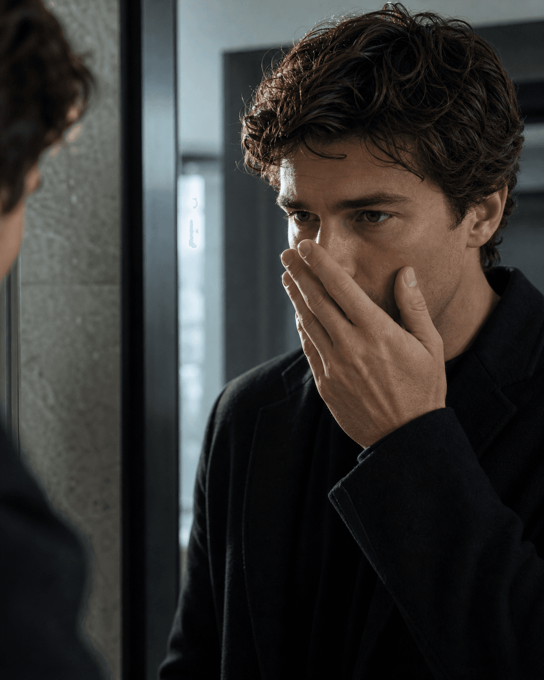 A man privately checking his breath with his hand cupped over his mouth.