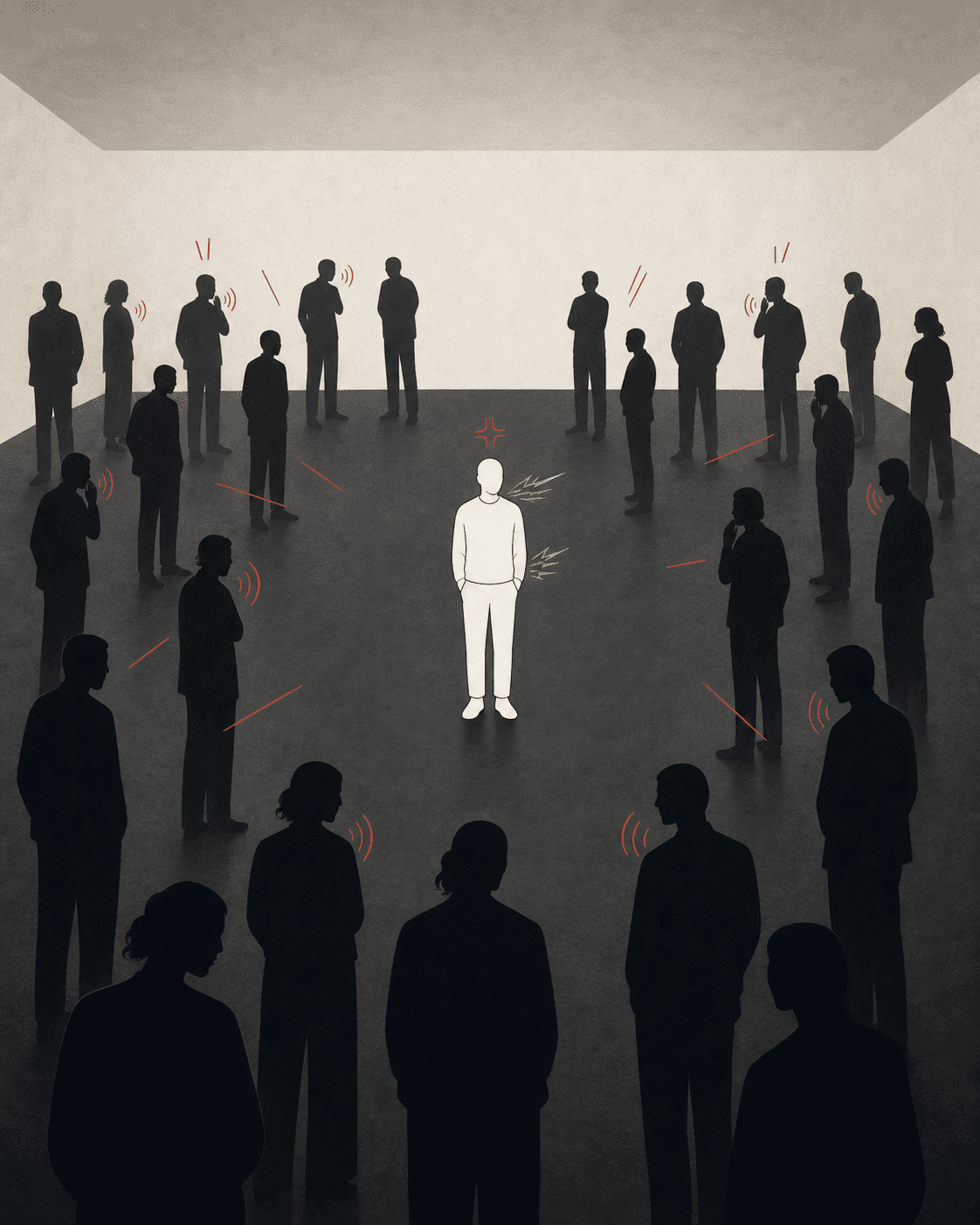 A minimal illustration of odor anxiety making someone feel alone in a crowded room.